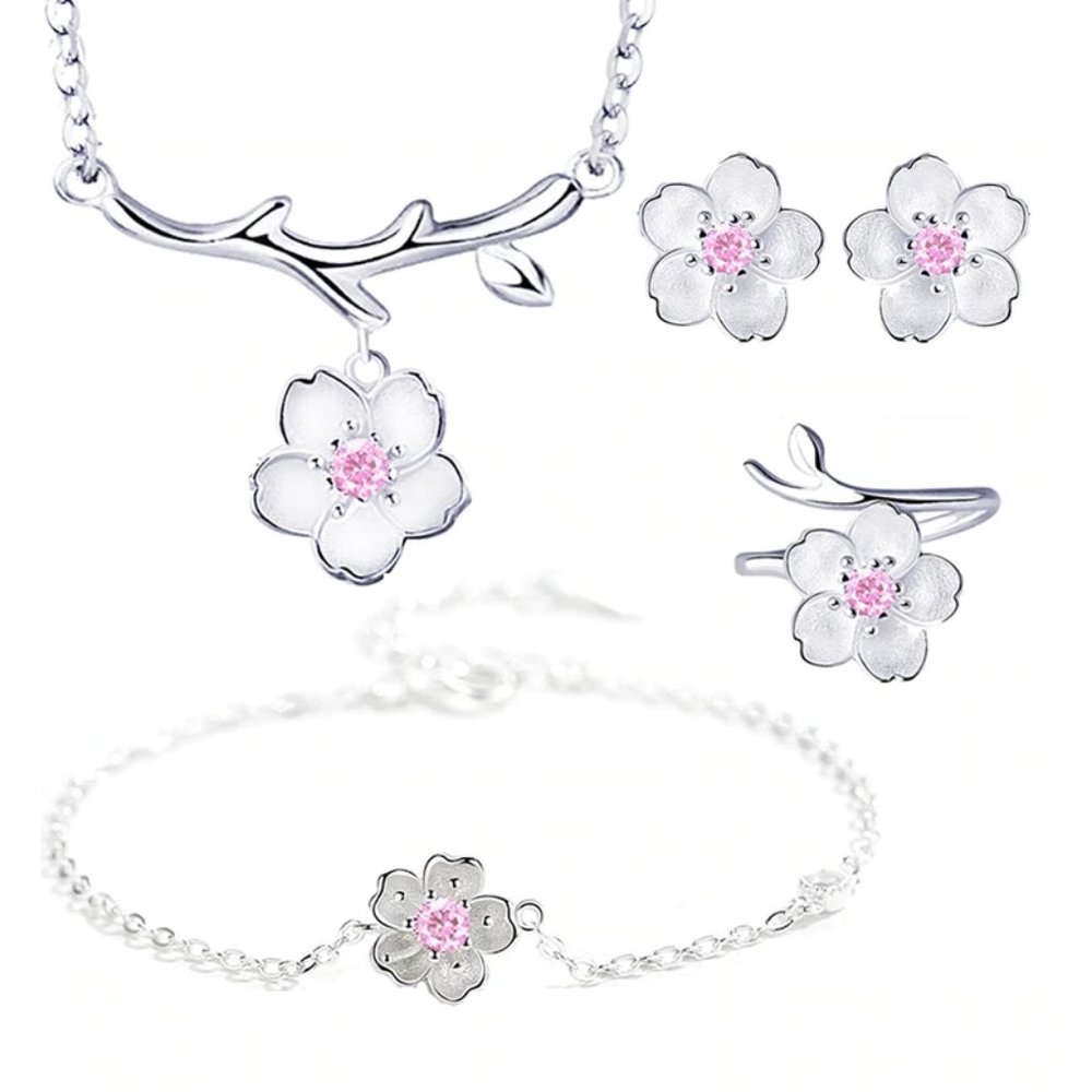 [Set of 4] NEW 925 Sterling Silver Cherry Blossom
